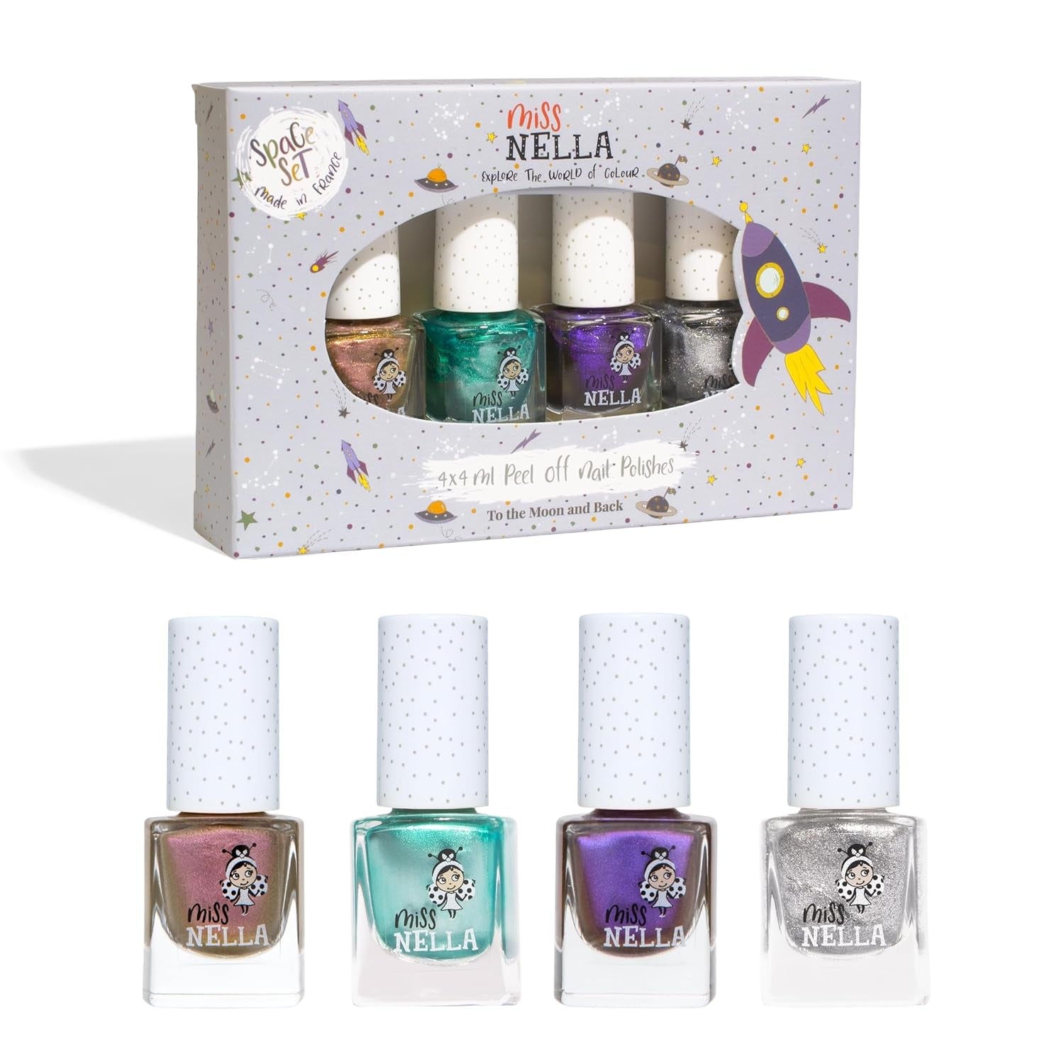 Miss Nella Magic Collection Juego de 4 esmaltes de uñas con purpurina: rosa, rojo, dorado y azul, esmalte de uñas extraíble especial para niños, no tóxico, a base de agua, inodoro