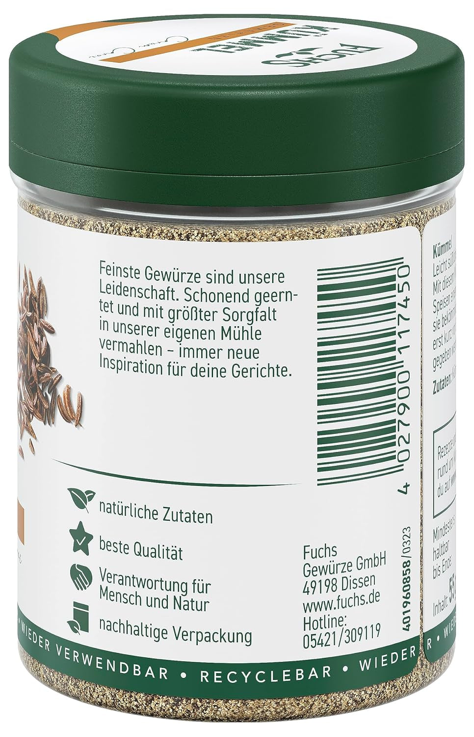 Fuchs Gewürze - Kümmel gemahlen - klassisches Gewürze für daftige Gerichte wie Chili con Carne - ingredientes naturales - 55 g en wiederverwendbarer, recyclebarer Dosis