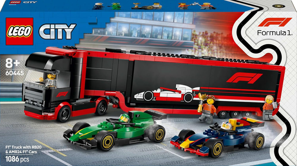 LEGO City Transporter F1 con coches de carreras RB20 y AMR24 F1 - Transporter de coches de juguete para los equipos de Fórmula 1 Red Bull y Aston Martin - Incl. 5 minifiguras: regalo para niños y niñas a partir de 8 años 60445 Juegos de construcción Besuche den LEGO-Store