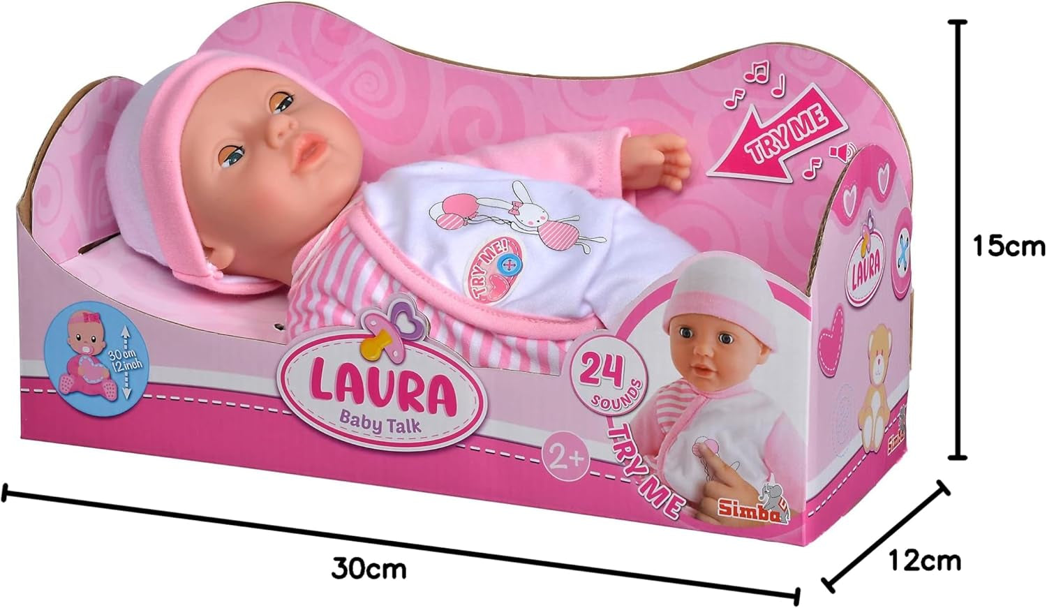 Simba 105140020 - My Love Baby Talk Muñeco de cuerpo blandito con ojos dormilones y lindo vestido Hace 24 sonidos de bebé Muñeco bebé de 30 cm a partir de 2 años Blanco Rosa Naty Shop Muñecas