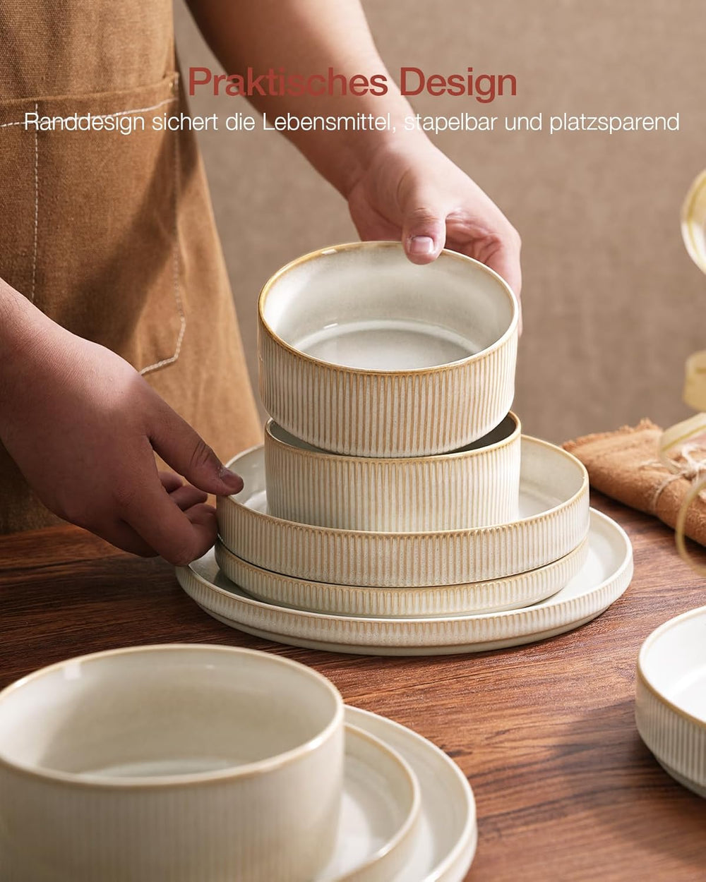 Set de veselă Star cu 18 piese, set de veselă pentru 6 persoane, set de veselă din gresie, rezistent la zgârieturi, potrivit pentru cuptorul cu microunde și mașina de spălat vase, alb cappuccino