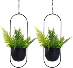 Ghivece metalice suspendate, 2 bucăți, negre, ovale, geometrice, cuier pentru plante cu ghiveci, jardinieră modernă de perete și tavan pentru interior și exterior, ghiveci de 15,2 cm, 2 bucăți