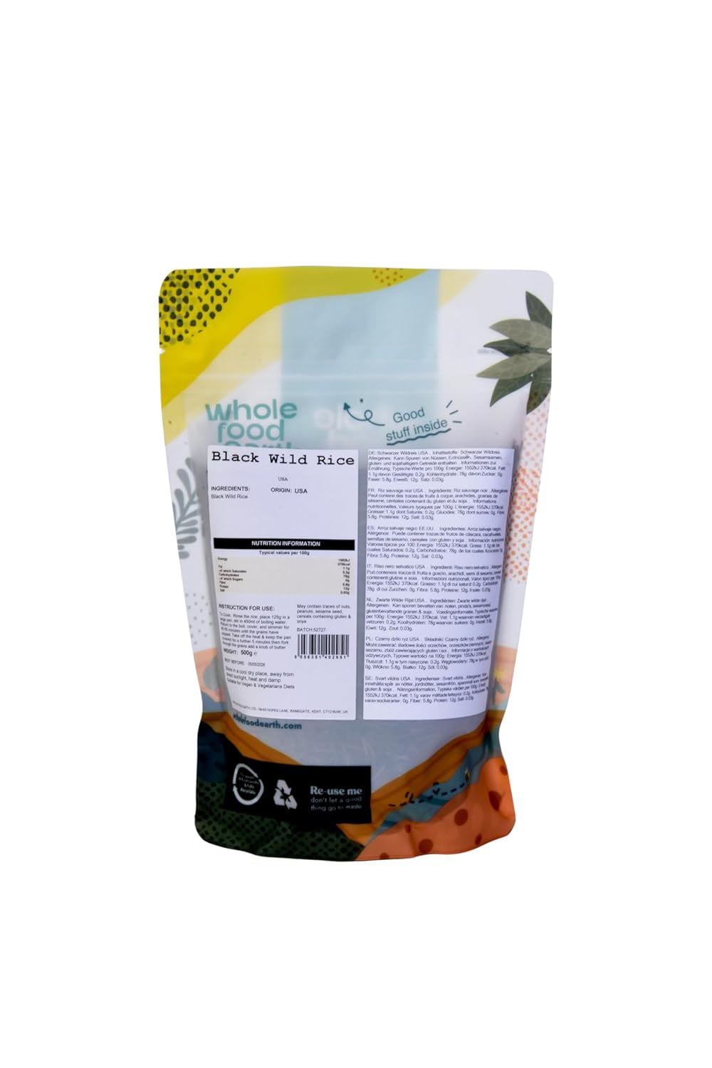 Wholefood Earth USA Arroz Salvaje Negro - Sin OGM - Natural - Vegano - Sin Lácteos - Sin Azúcar Añadido, 500g
