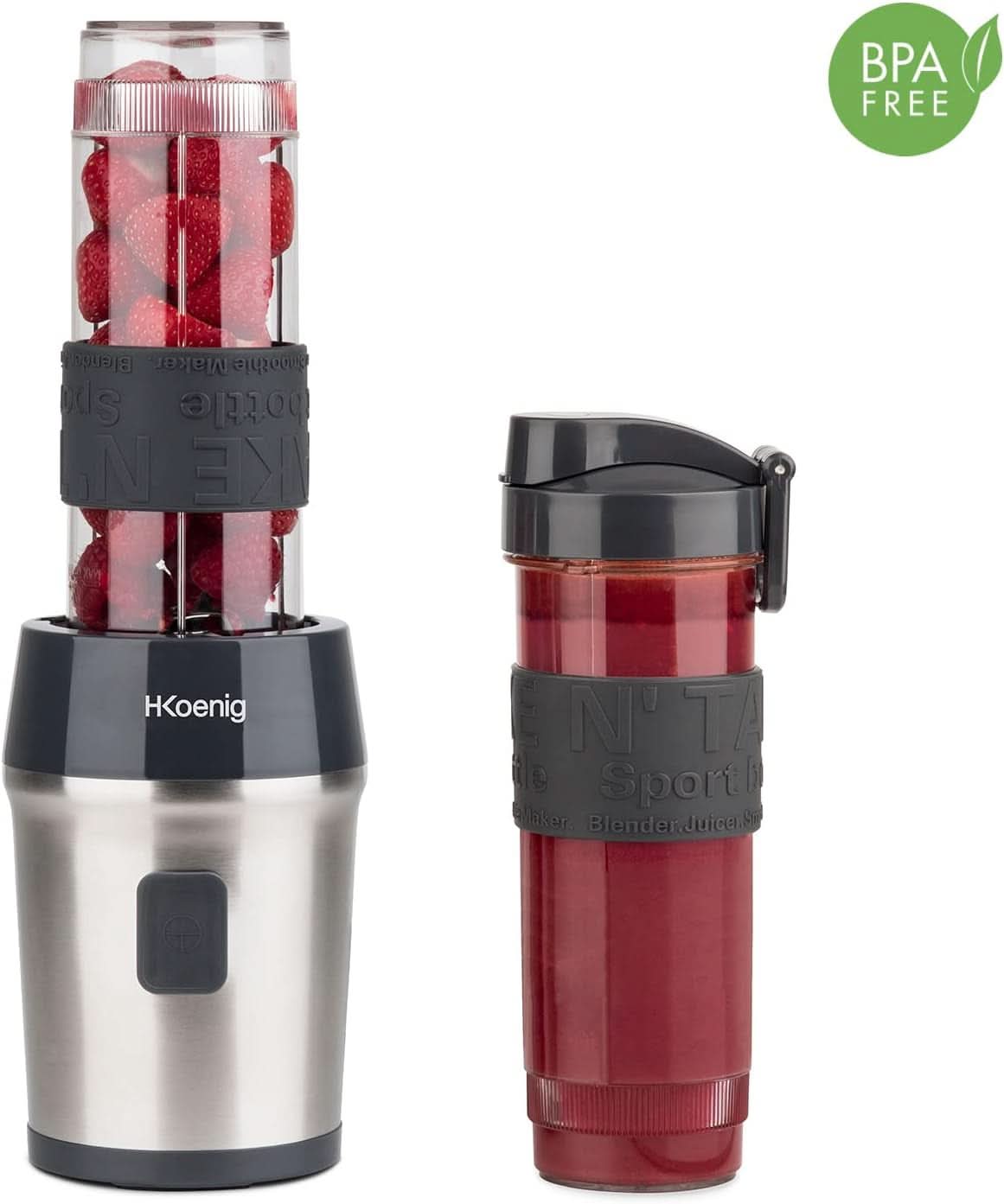 H.Koenig Smoothie Maker SMOO9 - Mini Batidora De Pie - Mini Batidora - 300 Watt - 570 Ml - Edelstahl - 2 Kunststoffflaschen - Bpa-Frei, Grau Kitchen Naty Shop