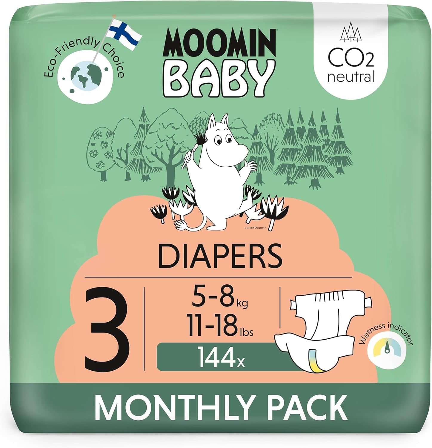 Pañales Moomin Baby Eco, talla 3, 5-8 kg, 48 piezas, pañales suaves premium | Suave y agradable para la piel, transpirable, absorbente, sin productos químicos innecesarios |