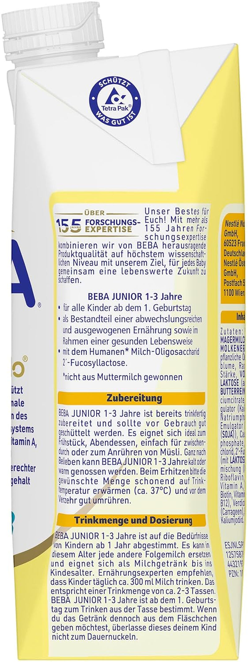 BEBA Bebida de leche lista para beber para niños de 1 a 3 años, con HMO, contenido de proteínas apropiado para la edad, sin aceite de palma, sin aceite de pescado, comida para niños pequeños, paquete de 12 (12 x 500 ml)