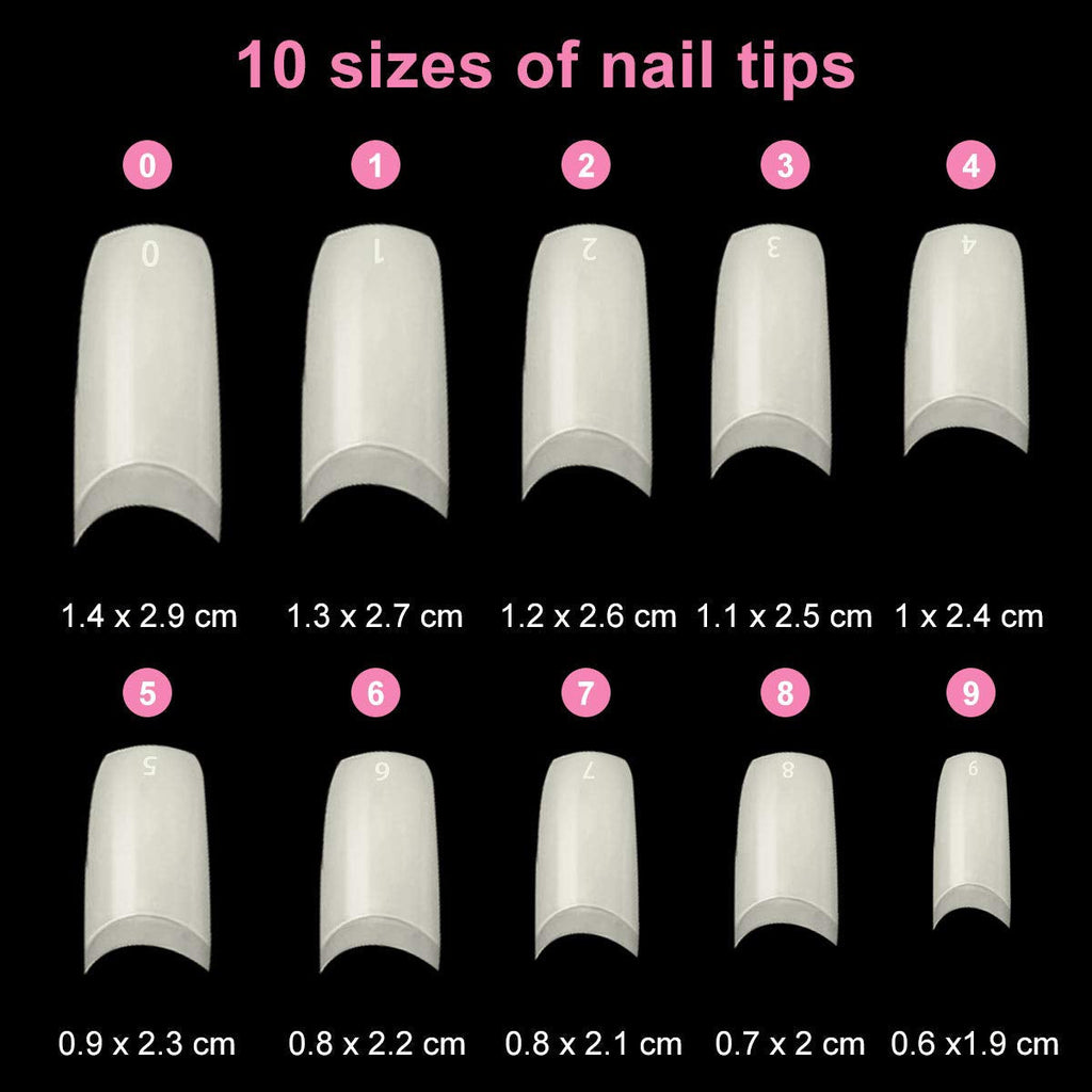 Unghii false, 500 bucăți, culori naturale, artificiale, unghii false, 10 mărimi, DIY, acrilice, cu cutie, perie de unghii, împingător de cuticule și pilă de unghii