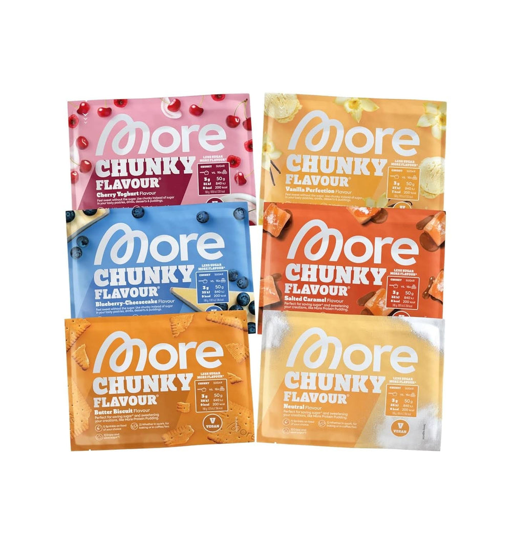 MÁS Chunky Flavor, Blueberry Cheesecake, saborizante en polvo para endulzar con inulina y lactasa, 150 gramos