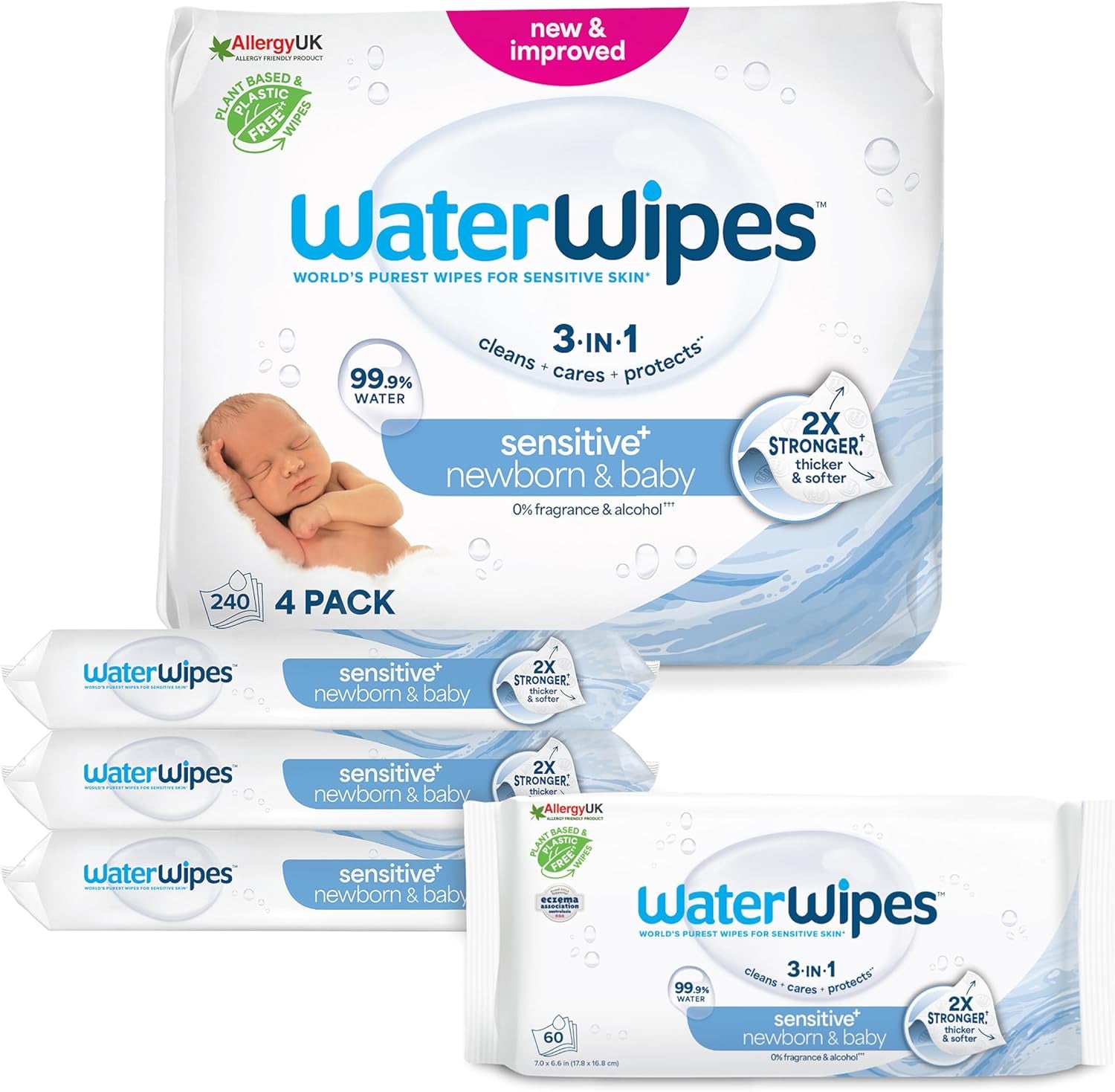 WaterWipes Sensitive+ Toallitas húmedas para recién nacidos y bebés, 720 unidades (paquete de 12), limpieza, cuidado, protección 3 en 1, 99,9% agua, sin fragancia