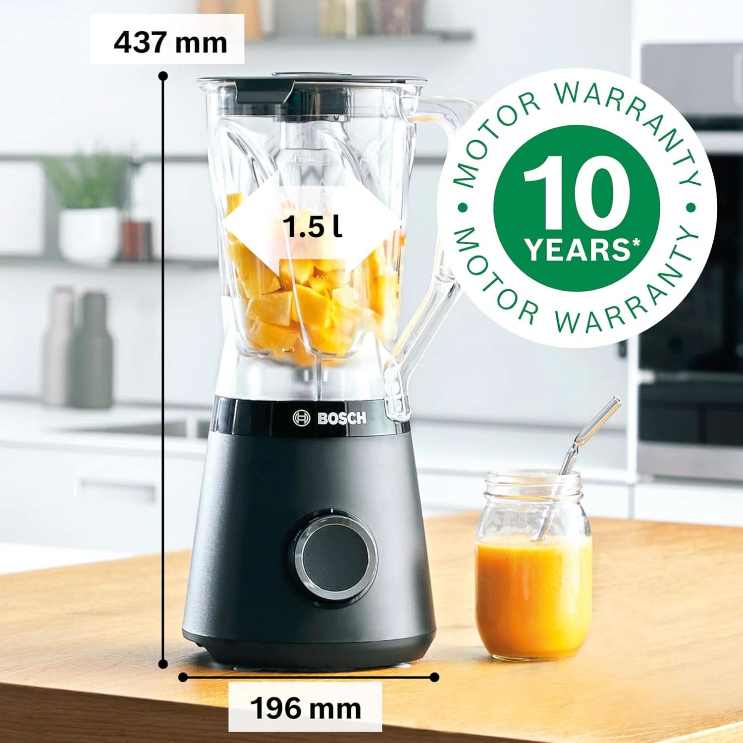 Bosch Batidora de pie Vitapower Serie 4 MMB6141B, Hochwertige Edelstahl-Klingen, 1,5L Tritan-Mixbehälter, Spülmaschinengeeignete Teile, 30.000 U/Min, 1200 W, Schwarz Kitchen Naty Shop