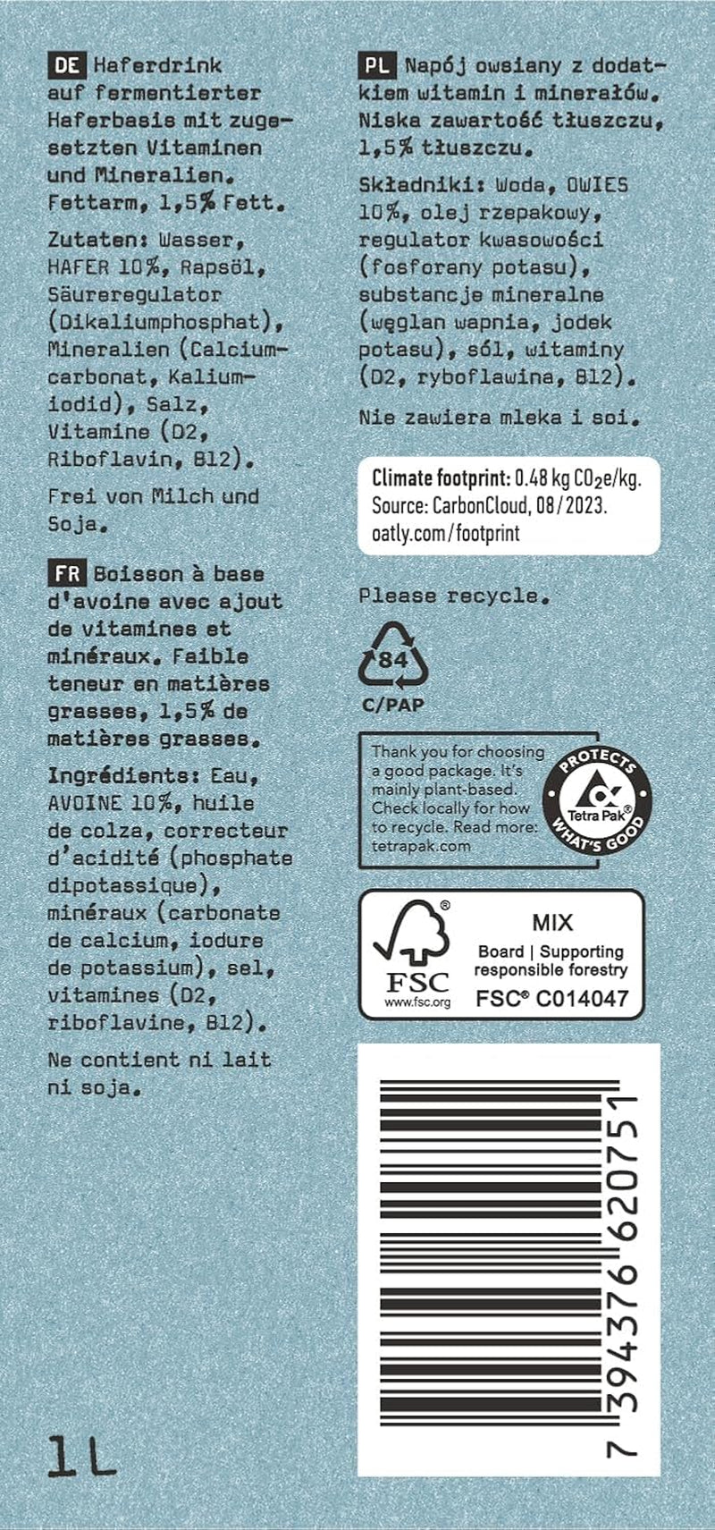 Oatly Haferdrink 1,5% Fett - Paquete con 6 (6 x 1 Litro)