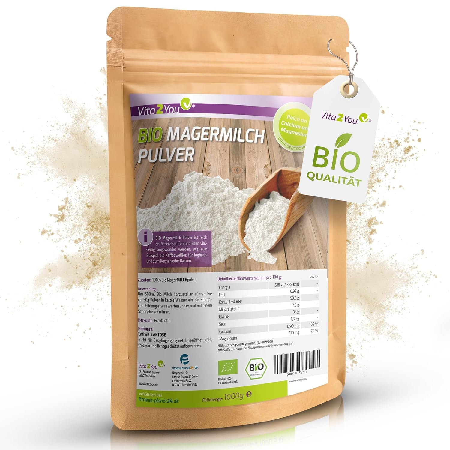 Vita2You Bio Leche Desnatada en Polvo 1000g - 100% Bio Qualität - para hornear - Kaffeeweißer - Milchpulver für Joghurts - 1kg - Premium Qualität