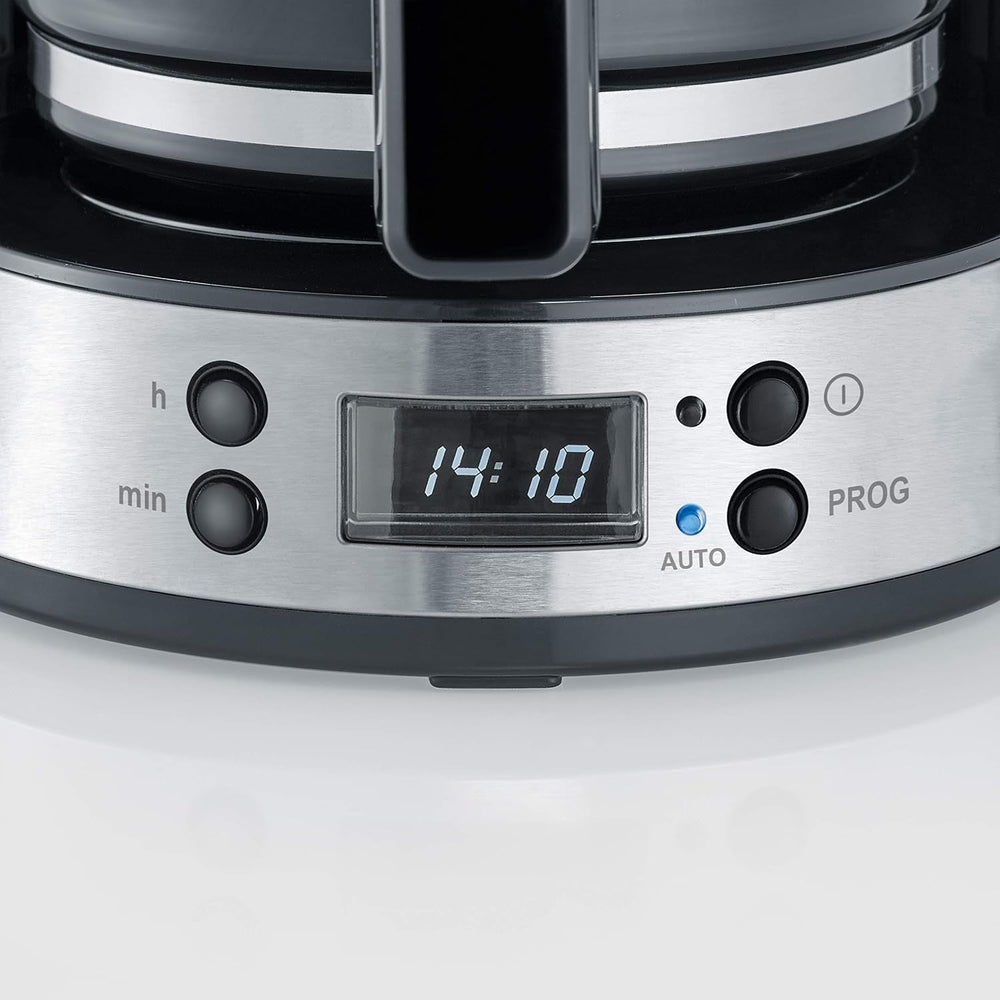 Espressor SEVERIN „TypeSwitch” cu carafă de sticlă și cronometru, AromaSwitch pentru alegerea a 2 opțiuni de preparare, ceas digital cu funcție de cronometru, pentru până la 10 cești, 1000W, oțel inoxidabil periat-negru, KA 4826