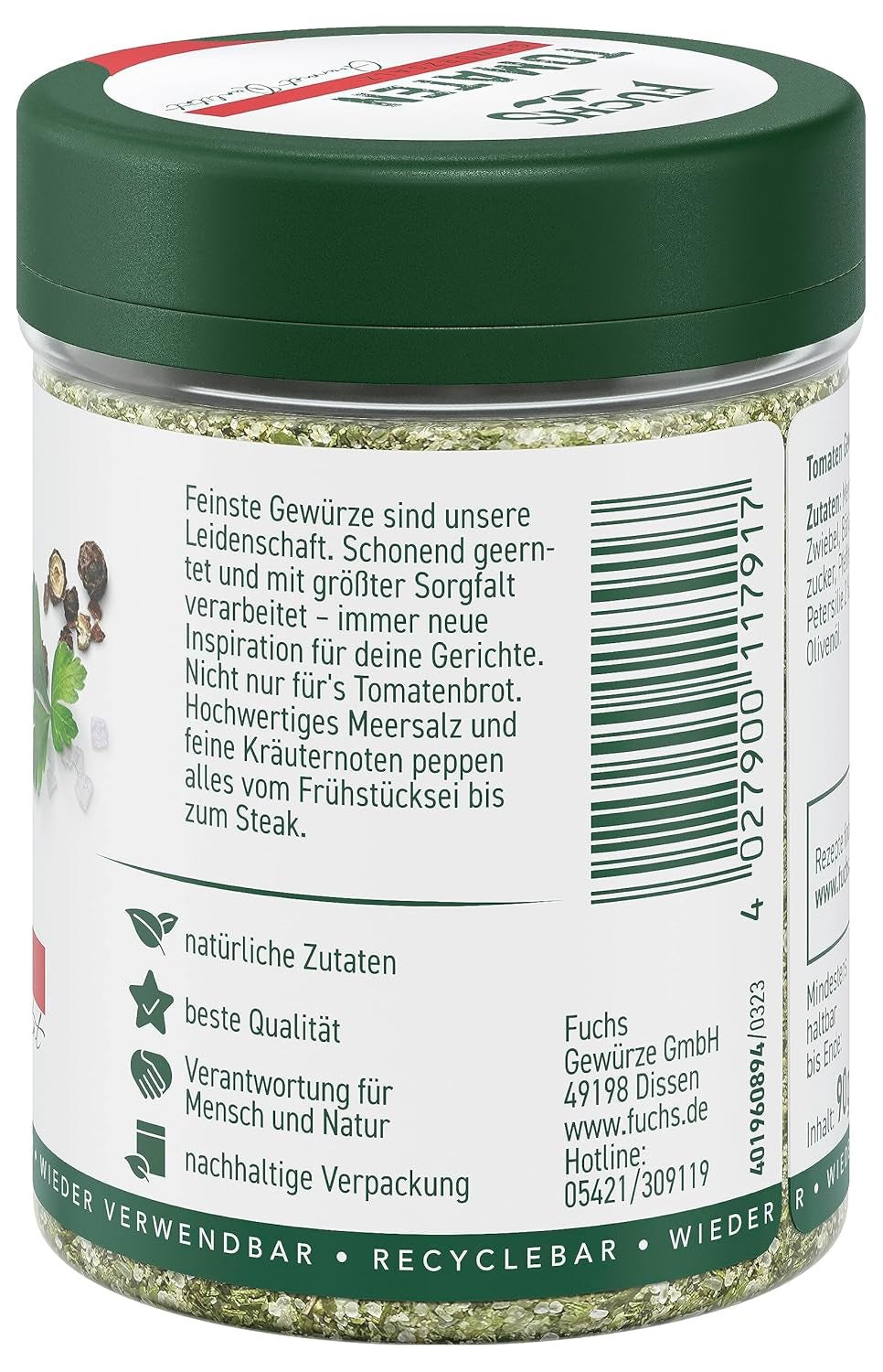 Fuchs Gewürze - Tomato Gewürz - Gewürzsalz für Tomatenbrot, Frühstücksei o Steak - ingredientes naturales - 90 g en wiederverwendbarer, recyclebarer Dosis