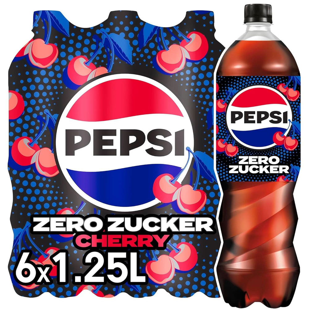 Pepsi Zero Sugar Cereza Refresco sin azúcar sabor cereza Cola con cafeína en botella Set 6 x 1,25 litros Naty Shop Nueva versión