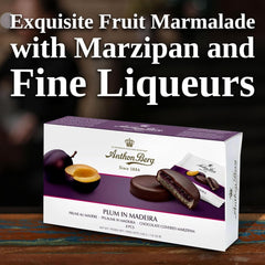Ciruela de Madeira – 220 g – Especialidad de mazapán con fruta y alcohol – 8 monedas de chocolate negro con gelatina de ciruela y vino de Madeira – Idea de regalo
