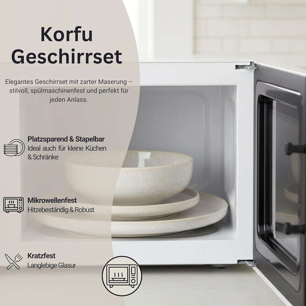 SÄNGER | Set de veselă Corfu cu 24 de piese, serviciu de cină pentru 8 persoane, ceramică lucrată manual, set de farfurii care include farfurii de cină, farfurii de desert și farfurii de sumă, veselă de culoare crem cu textură nisipoasă