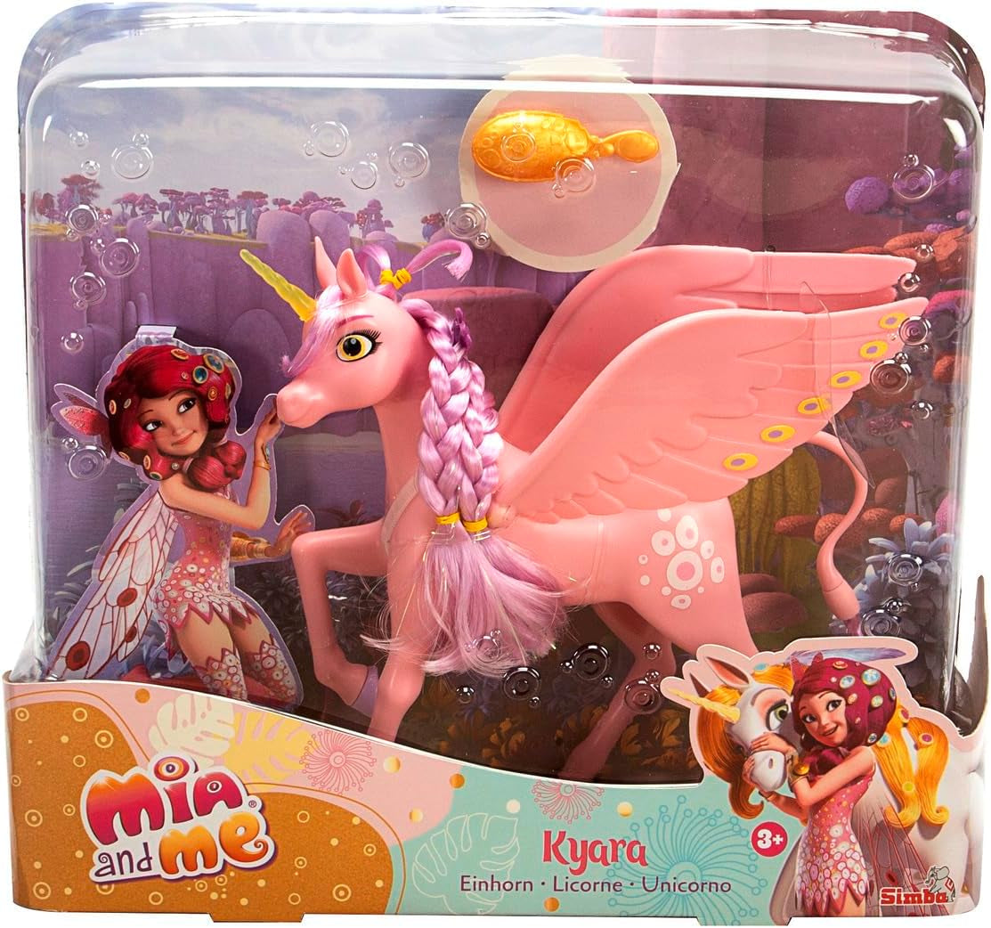 Simba 109480092 - Mia and Me Unicorn Kyara, cu aripi mobile, agrafe de păr și perie pentru coafat, 20 cm, vârste 3+, roz