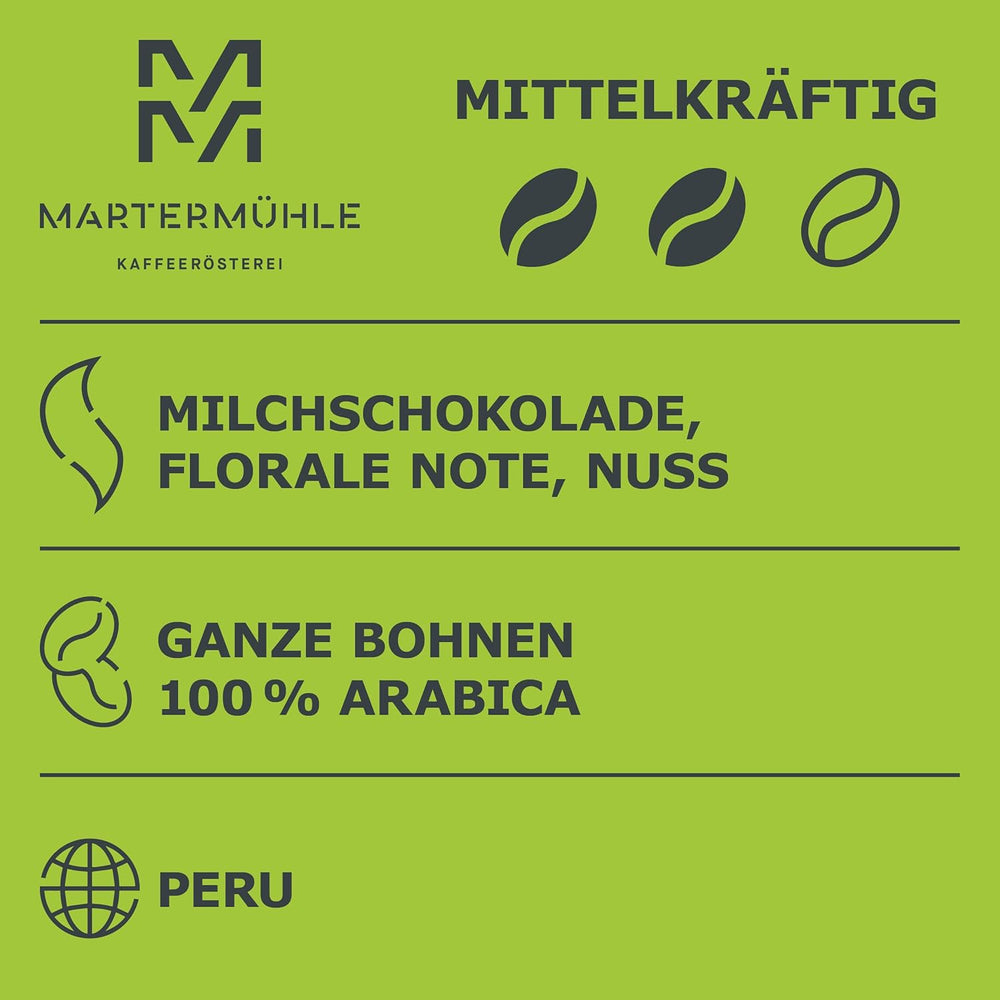 Martermühle Peru Bio Kaffeebohnen 1kg mittelkräftig I Arabica I Aromen: Milchschokolade, Florale Note, Nuss I Ganze Bio Kaffee-Bohnen schonend geröstet, säurearm