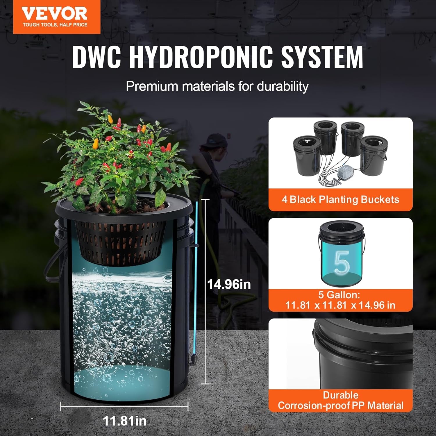 VEVOR DWC Sistema de cultivo hidropónico Kit de maceta de goteo Sistemas de cultivo hidropónicos Cultivo en aguas profundas 4 cubos de 20 litros con bomba de aire Piedras de aire e indicador de nivel de agua para vegetales de hojas verdes