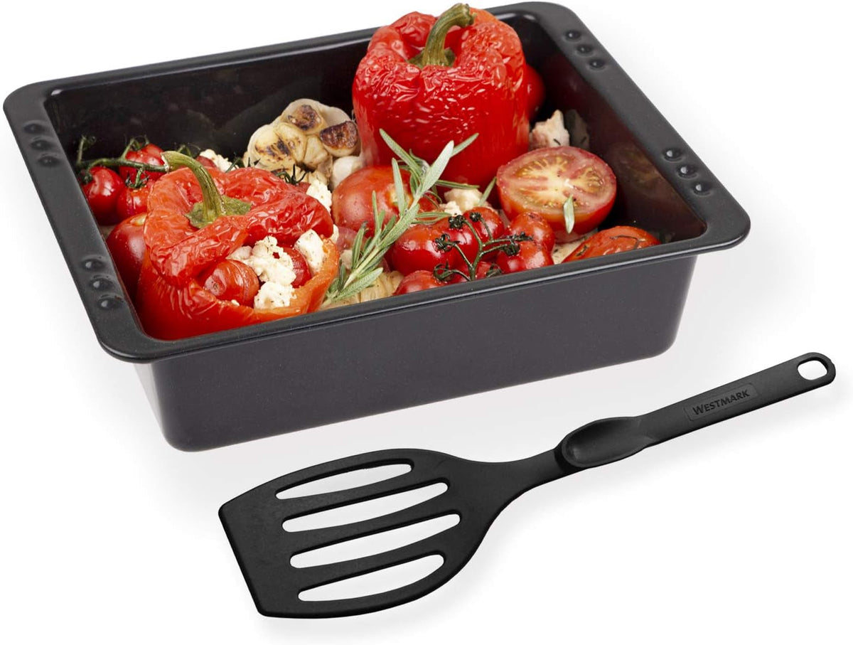 Chg SET 341-46-60 Extra Tiefe Ofenform (7.0 Cm) "Emaille" Mit Profi-Pfannenwender", Schwarz Gesprenkelt Moldes y bandejas para repostería Naty Shop