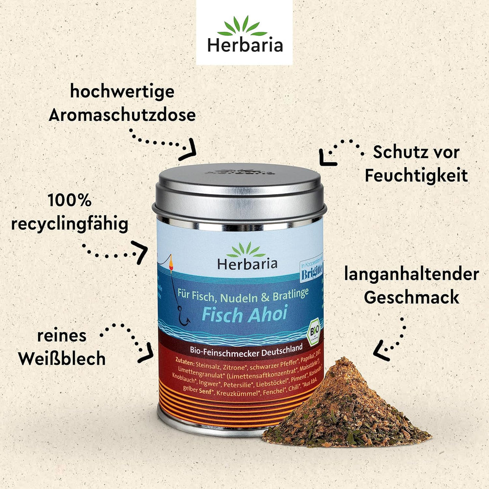 Herbaria Fisch Ahoi bio 85g M-Dose – Fertiges Bio-Gewürzsalz für Gebratene oder gegrillte Fischgerichte, Meeresfrüchte und Bratlinge – in nachhaltiger Aromaschutz-Dose