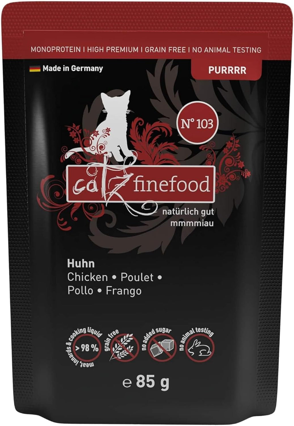 Catz Finefood Purrrr N° 103 Hrană umedă pentru pisici cu pui - Hrană umedă gourmet pentru pisica dvs. fără zahăr și cereale, fără gluten și monoproteică cu conținut ridicat de carne (24 X 85G Bag)