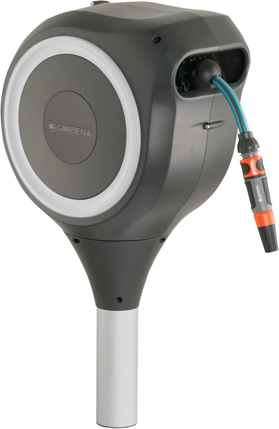 Cutie pentru furtun de grădină Gardena RollUp M (albă) 20 m: Cutie pentru furtun rotativă, ghidaj integrat pentru furtun, incl. furtun de calitate Gardena de 20 m, țăruș de sol și ajutor de montare (18616-20)