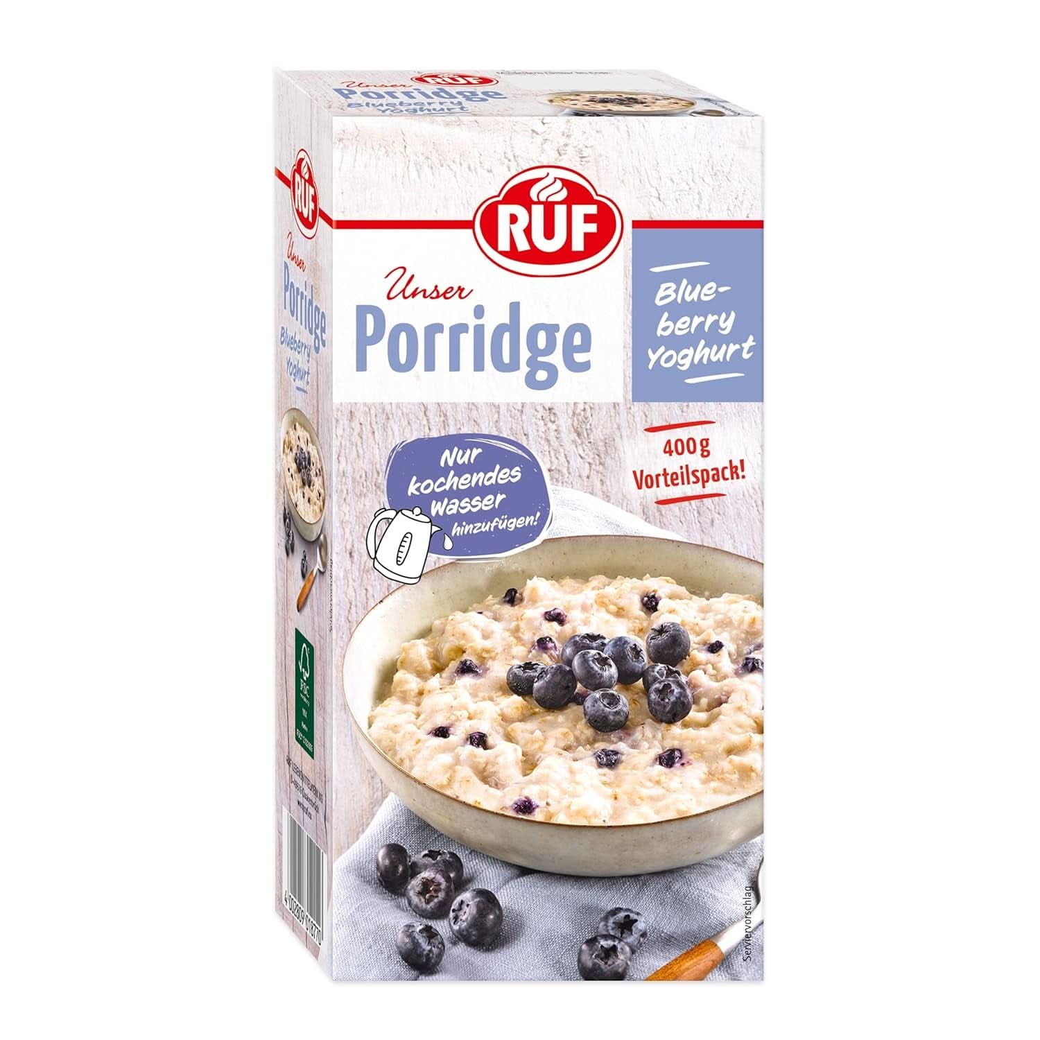 RUF Porridge Apple Cinnamon, cu fulgi de ovăz integral, aromă fină de scorțișoară și bucăți de mere uscate, 400 grame Cereale Naty Shop 400 grame Iaurt cu afine