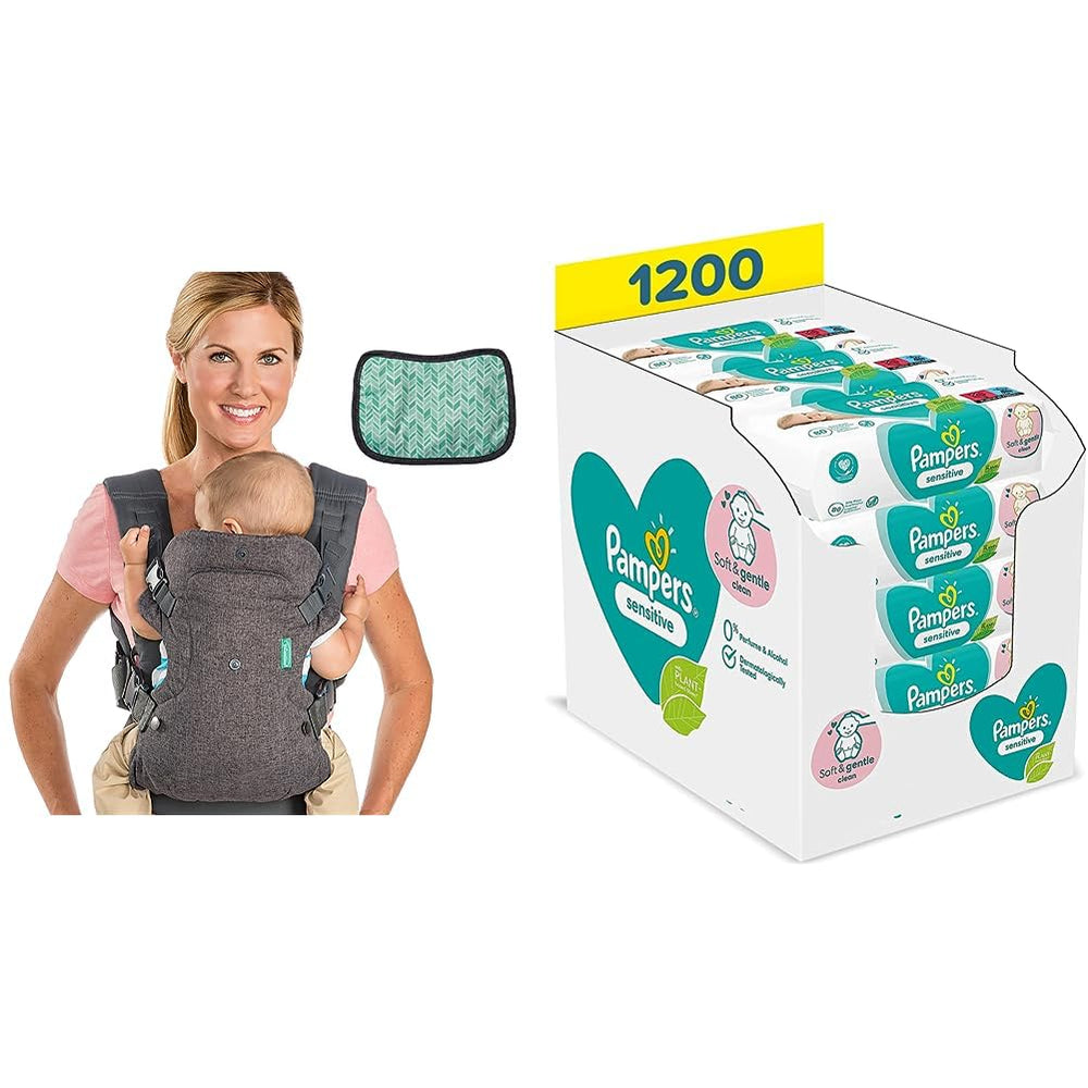 Pampers Sensitive Flip Advanced Mochila Porta Bebé 4 en 1 con Babero y Toallitas, 1200 Toallitas (15 x 80) para la Piel Sensible del Bebé, Dermatológicamente Probado, Essentials para Recién Nacidos