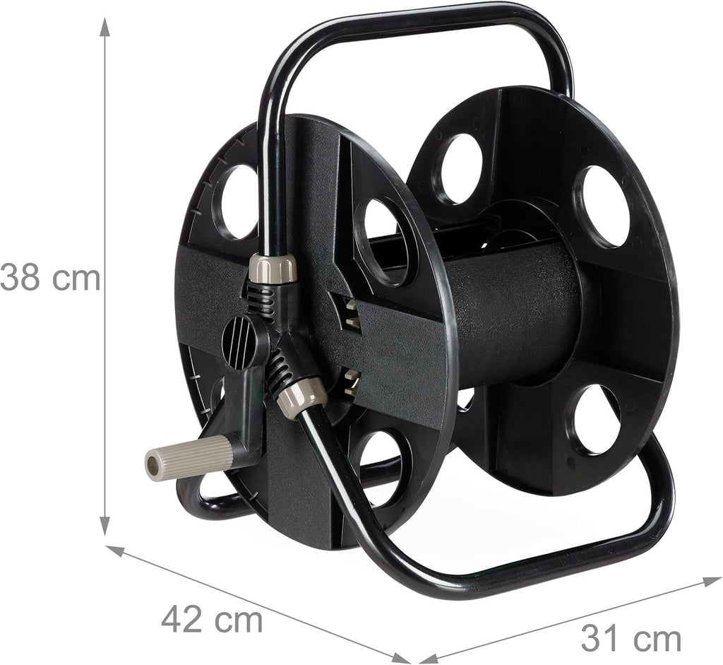 Rolă furtun Relaxdays, pentru furtun de 30 m 1/2", oțel, plastic, suport furtun, HL: 38 x 42 x 31 cm, negru-gri