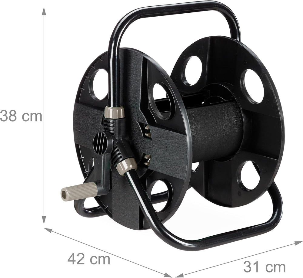 Rolă furtun Relaxdays, pentru furtun de 30 m 1/2", oțel, plastic, suport furtun, HL: 38 x 42 x 31 cm, negru-gri