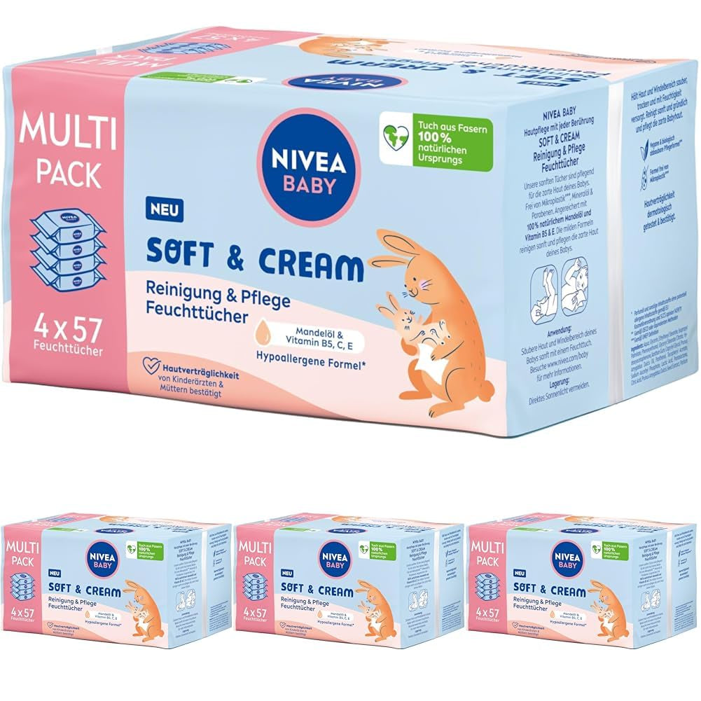 NIVEA BABY Toallitas húmedas Soft & Cream para bebés (4 x 57 piezas)