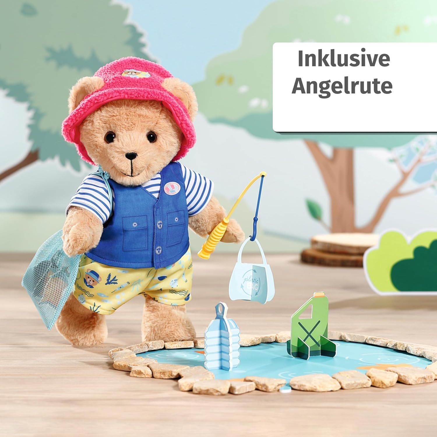 Costum Baby Born Teddy Angler cu undiță pentru păpuși de 43 cm și ursuleț de pluș, 835982 Zapf Creation