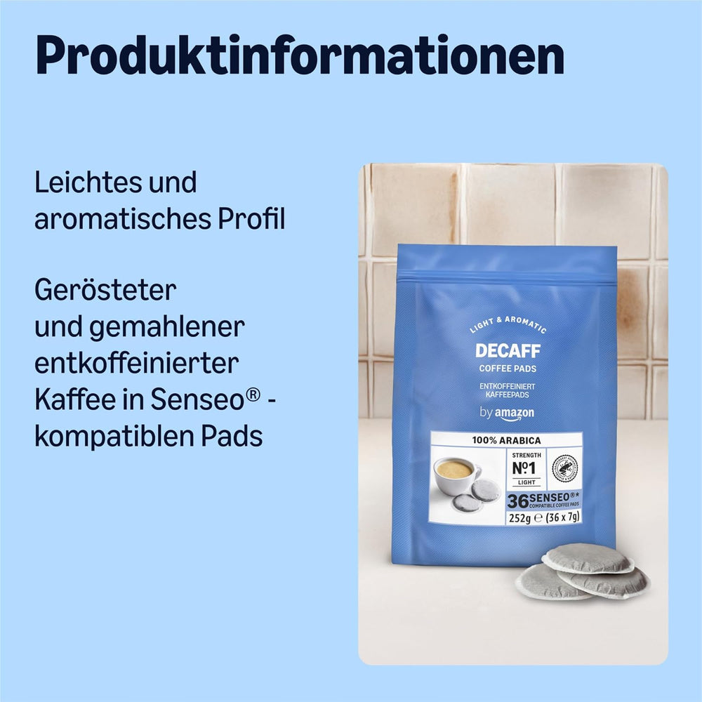 by Amazon Entkoffeinierte 100% Arabica-Kaffeepads, geeignet für Senseo-Maschinen, mittlere Röstung, 36 Stück (1 Packung mit 36 Stück) – Rainforest Alliance-zertifiziert
