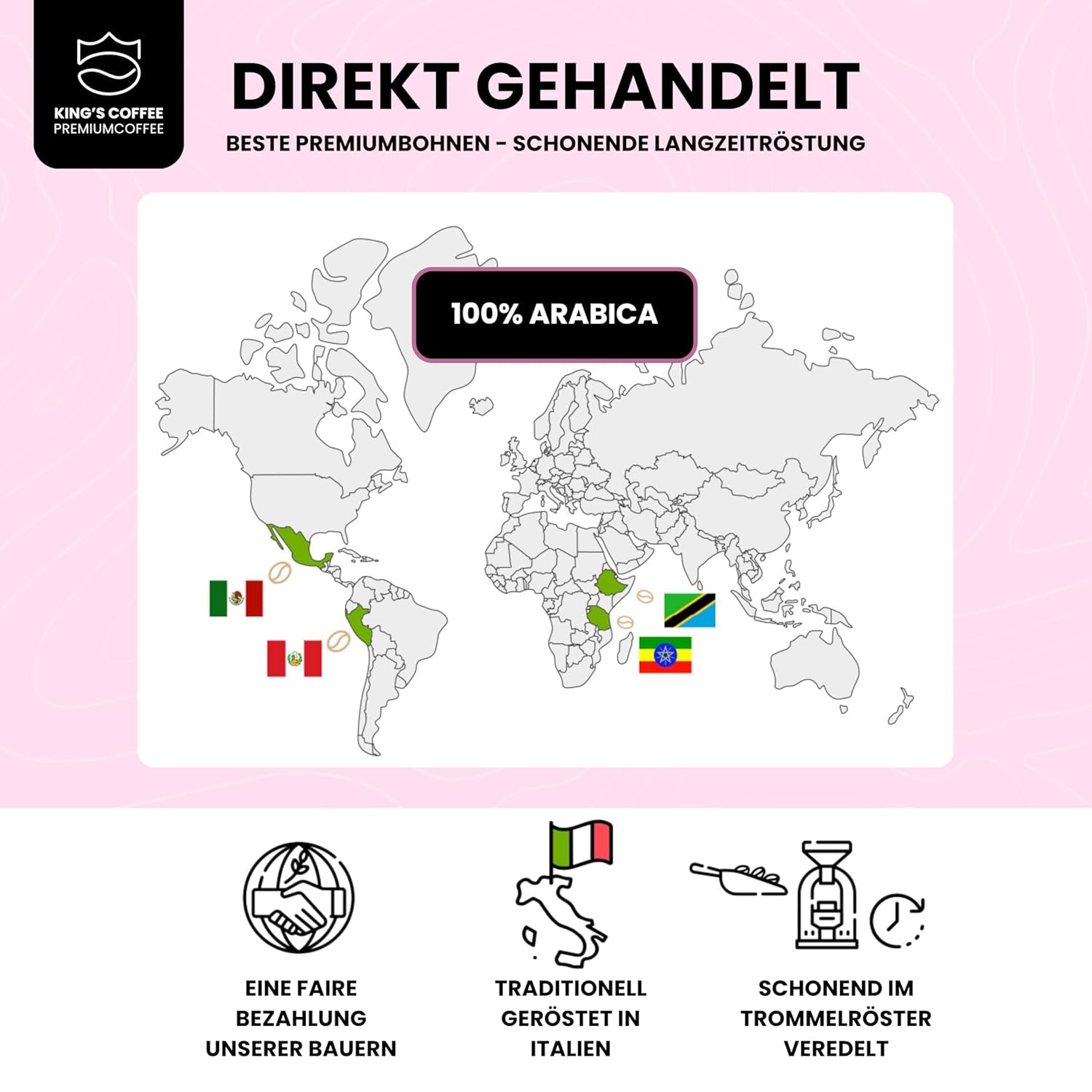 KING'S COFFEE - EDIȚIE ALBĂ - amestec ușor 100% Arabica din Etiopia, Mexic, Peru și Tanzania - prăjire în loturi mici în Italia - boabe de espresso întregi pentru aparate portafilter - 1 kg