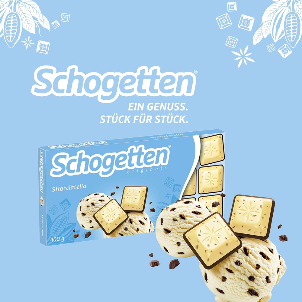 Schogetten Stracciatella barra de chocolate 100g, en porciones individuales. Una delicia. Pieza por pieza.