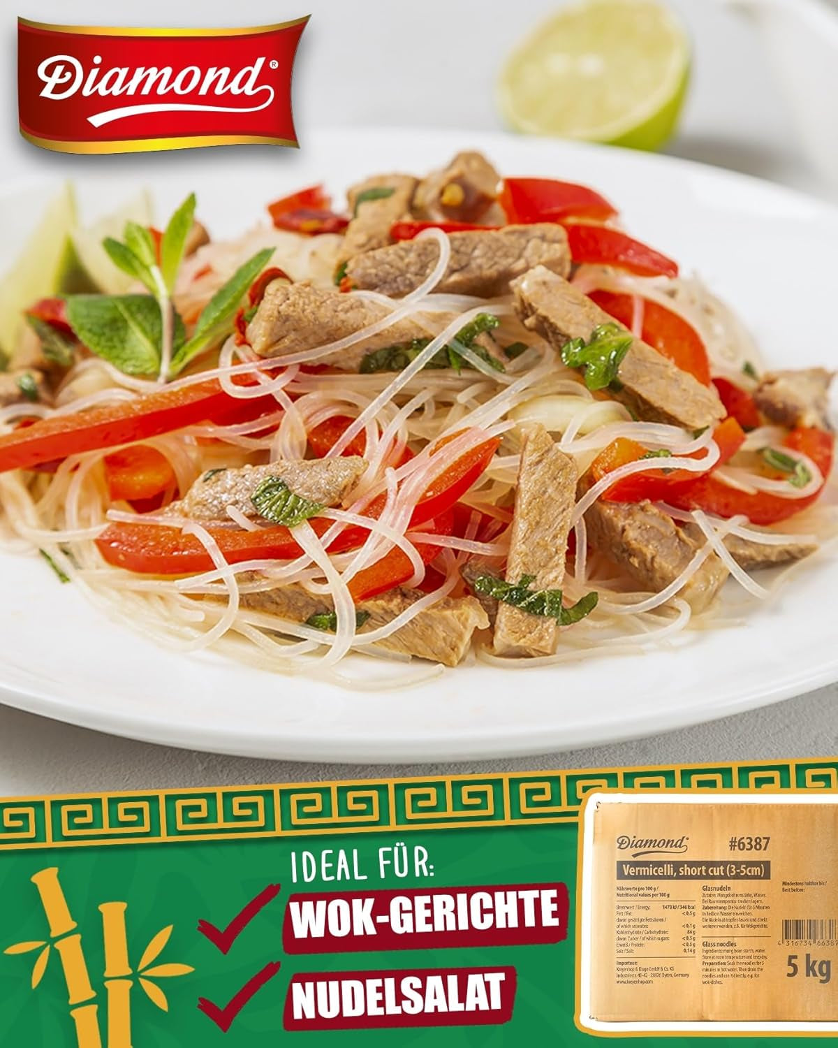 Fideos de vidrio DIAMOND, fideos cortos de vidrio con almidón de frijol mungo, naturalmente veganos y sin gluten - 1 x 5 kg