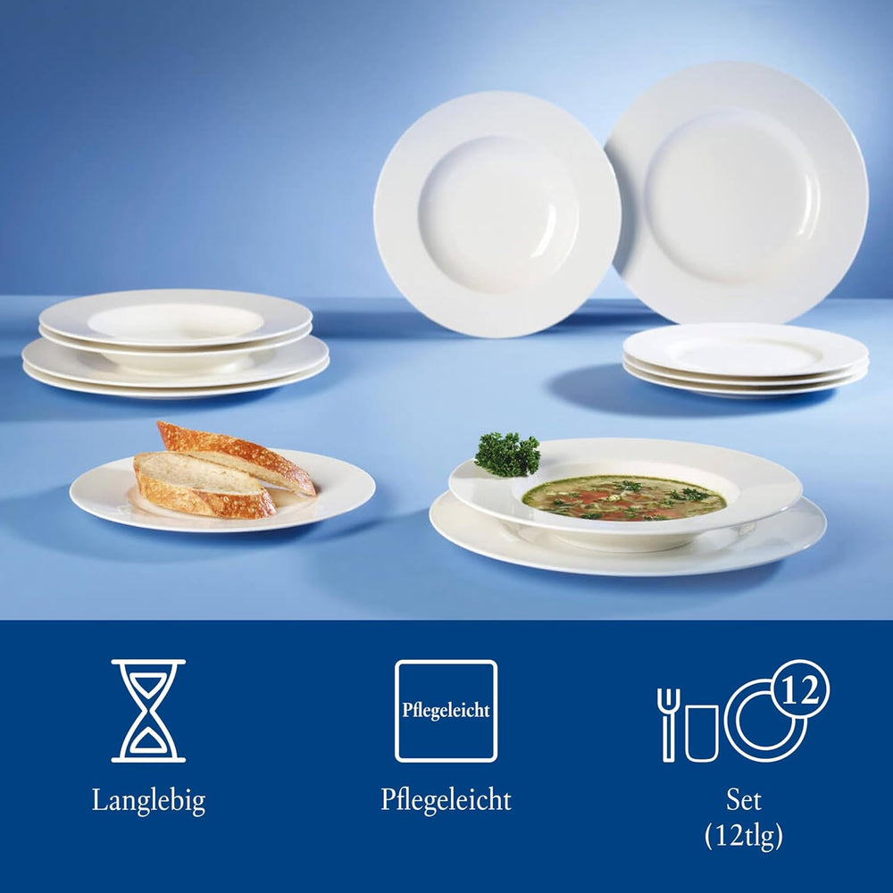 Villeroy & Boch – Set de masă Wonderful World, 12 piese, alb, potrivit pentru mașina de spălat vase și cuptorul cu microunde, farfurii, veselă, porțelan, farfurii de cină, set, set de veselă modern, porțelan premium