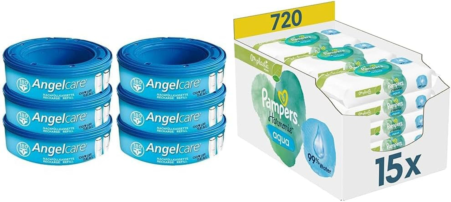 Caja de recambio 2320 Plus 2017 (paquete de 6) y caja de toallitas húmedas Pampers Harmony Aqua Baby, 720 toallitas (15 x 48), protección suave de la piel con 99% de agua