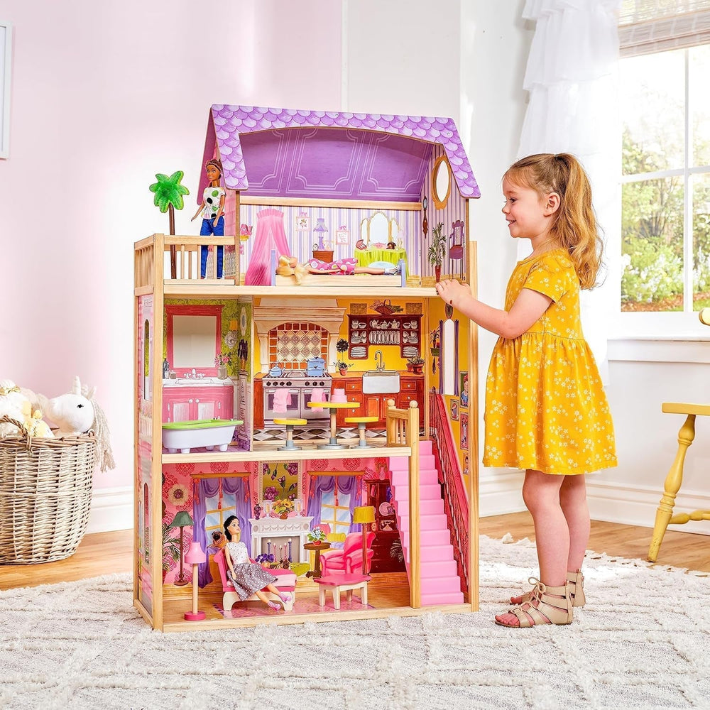 Casa de păpuși din lemn Kidkraft Kayla cu mobilier și accesorii, set de joacă cu 3 niveluri de joc pentru păpuși de 30 cm, jucărie pentru copii de la 3 ani, 65092 - Exclusiv pe Amazon Casute de papusi Naty Shop