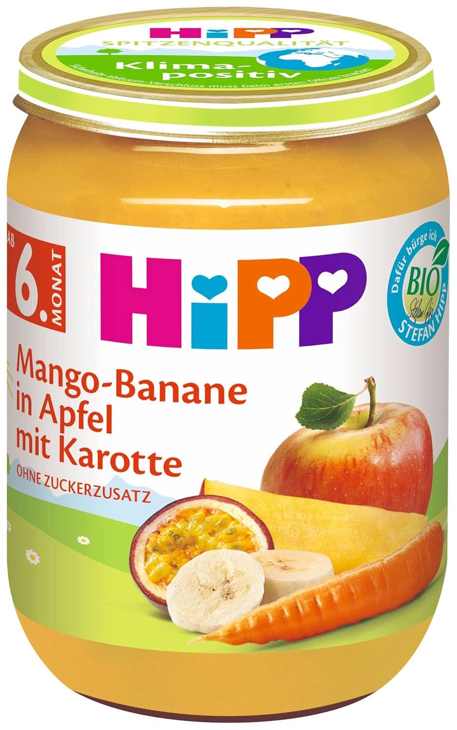 Hipp Para Pequeños Gourmets, Nectarinas en manzana y mango, sin azúcares añadidos, 6 X 190 gramos Madre e Hijo Naty Shop 190 gramos Mango y plátano en puré de manzana, zanahoria