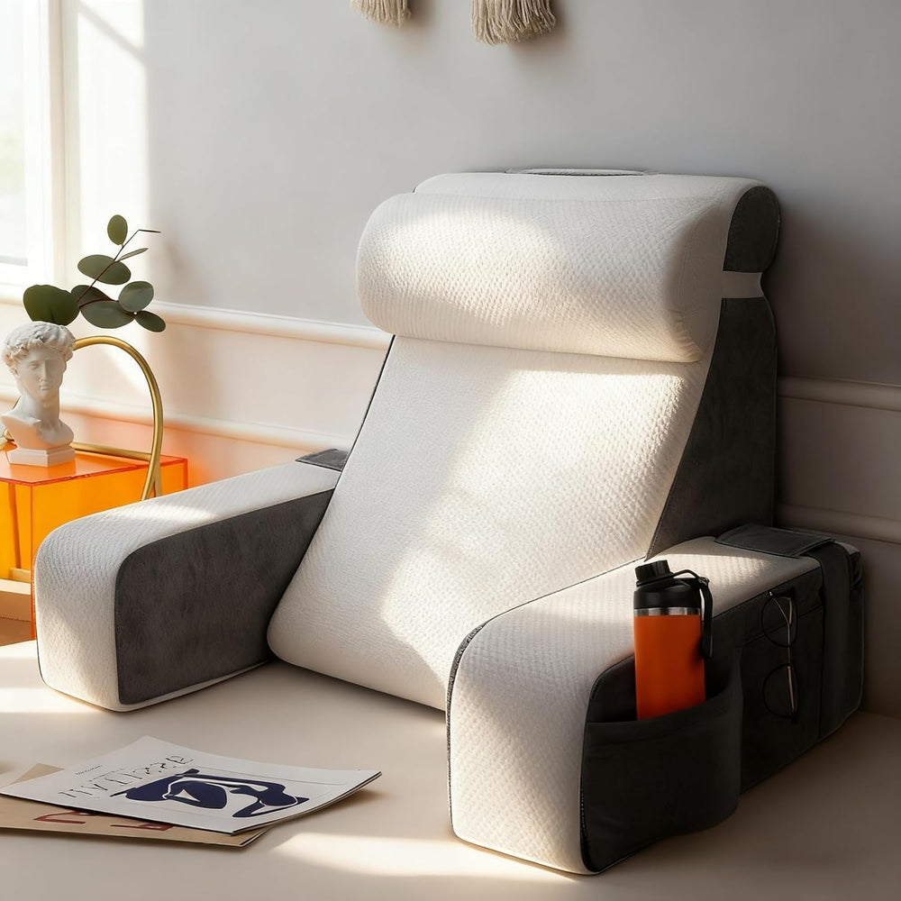 Pernă mare de citit cu suport pentru gât și cotiere detașabile, pernă pentru spate pentru pat, pernă ergonomică pentru spătar cu braț, buzunar și husă lavabilă pentru citit și vizionat la televizor.