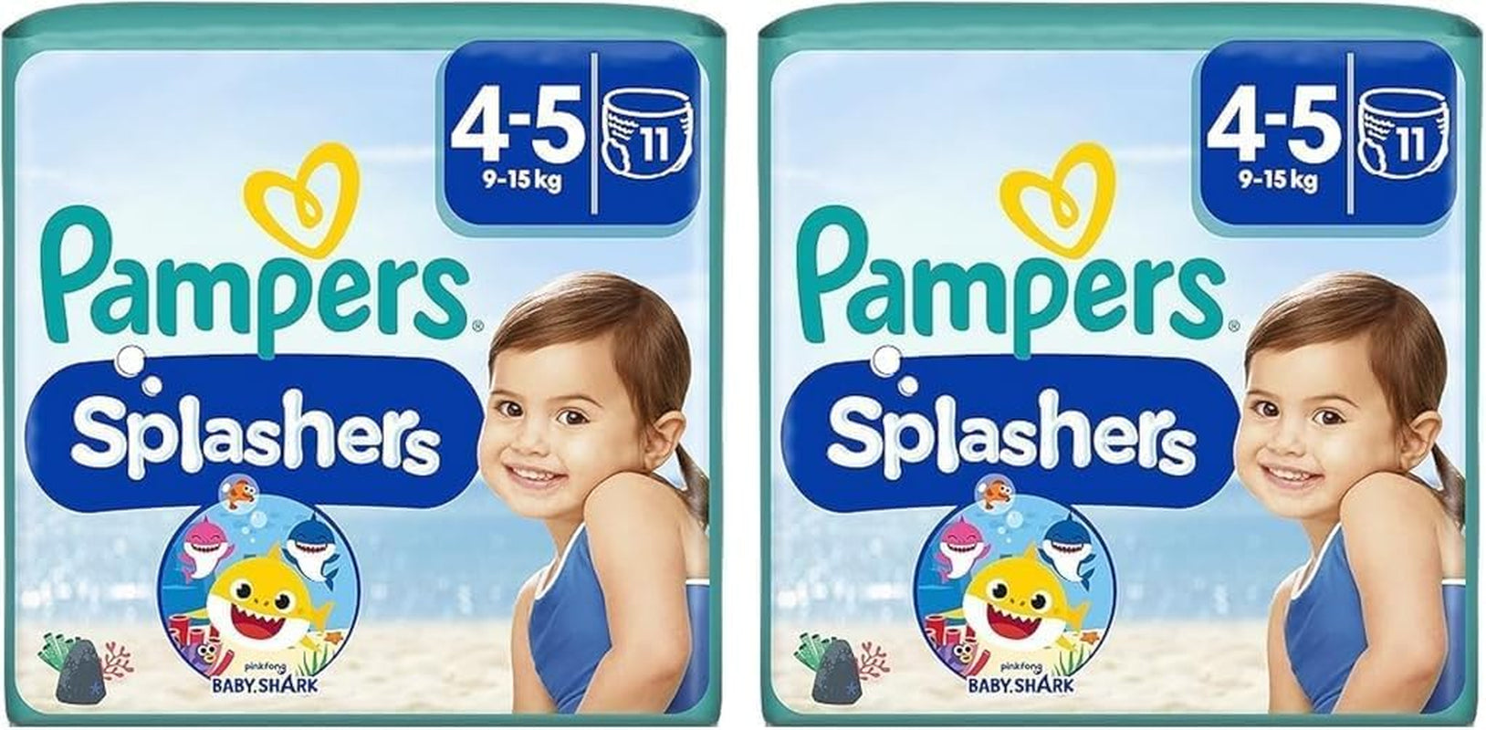 Pampers Splashers Baby Shark Pañales de natación desechables de edición limitada 4-5, 11, 9 kg-15 kg, para una protección segura en el agua