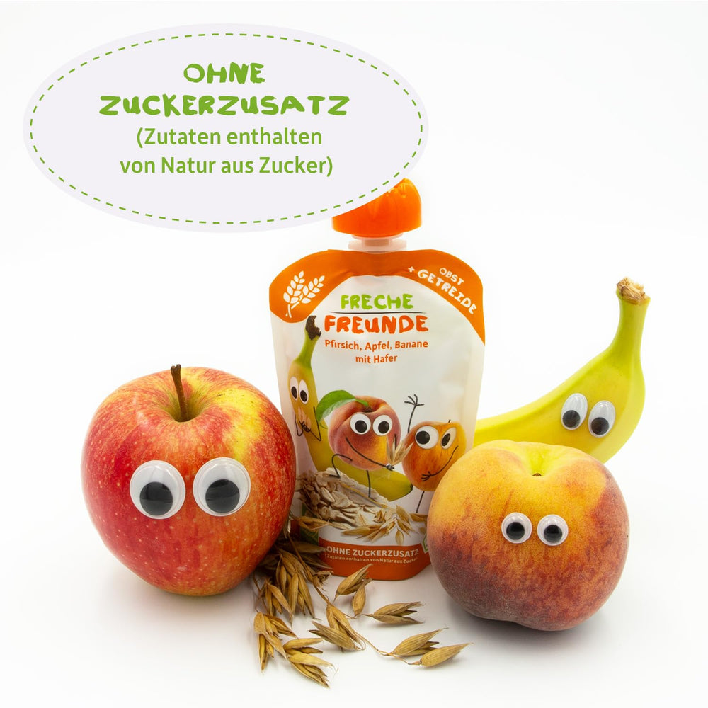 FRECHE FREUNDE Melocotón, Manzana, Plátano, Avena, Puré de Frutas Orgánicas con Cereales en una Bolsa Exprimible para Bebés a Partir de 6 Meses, Vegano, Paquete de 6 (6 x 100 g)