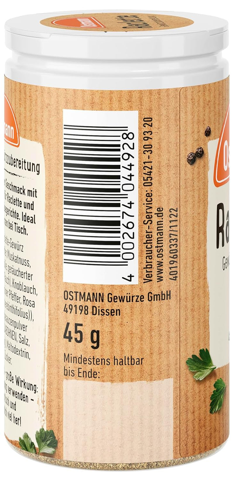 Ostmann Gewürze - Raclette Gewürzzubereitung | Zum Würzen von Käsegerichten | Reciclado, nachfüllbare Streudose | 45 g en Streuer