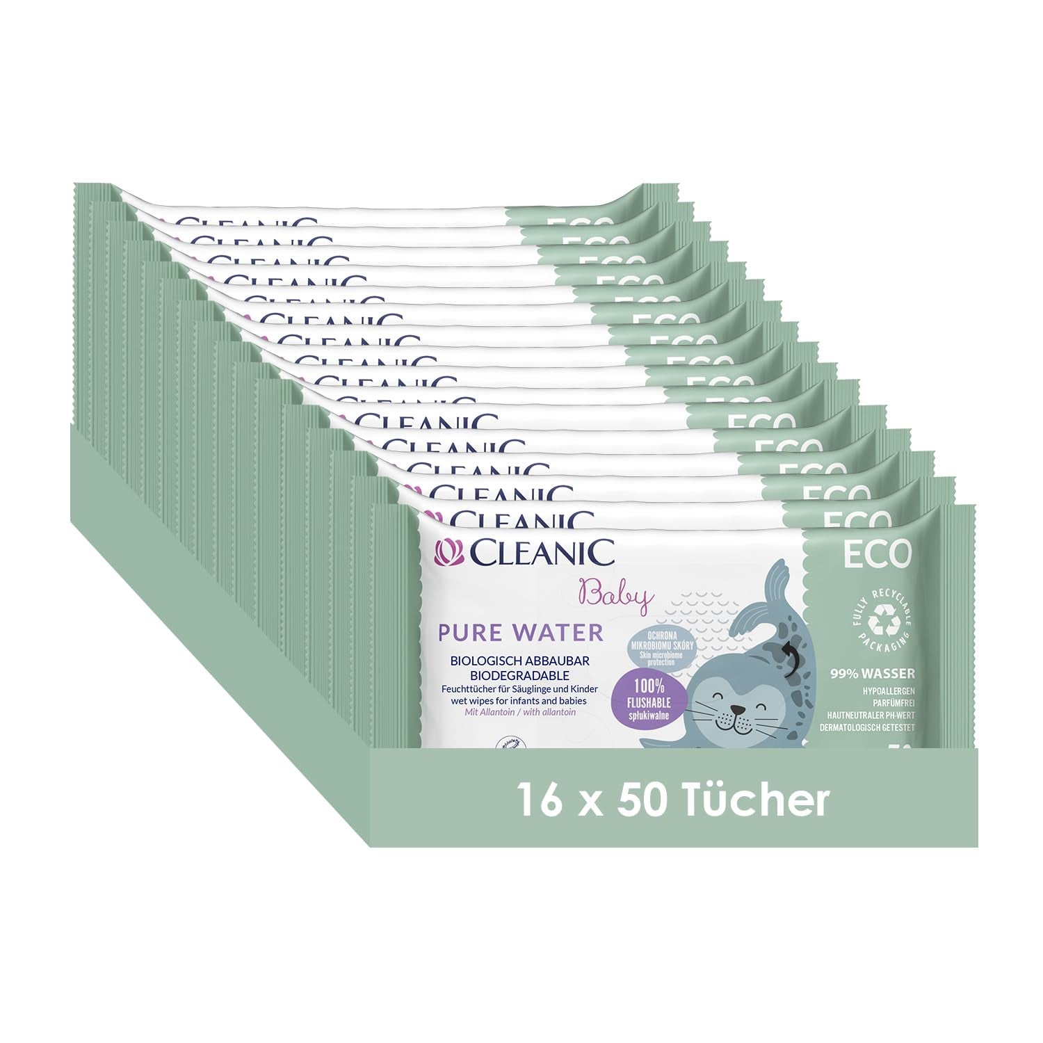 Toallitas húmedas Cleanic Baby Eco Pure Water - (1 x 50 uds.) Toallitas húmedas para niños y bebés - Piel sensible, sin fragancia, que se puede desechar - 50 uds.