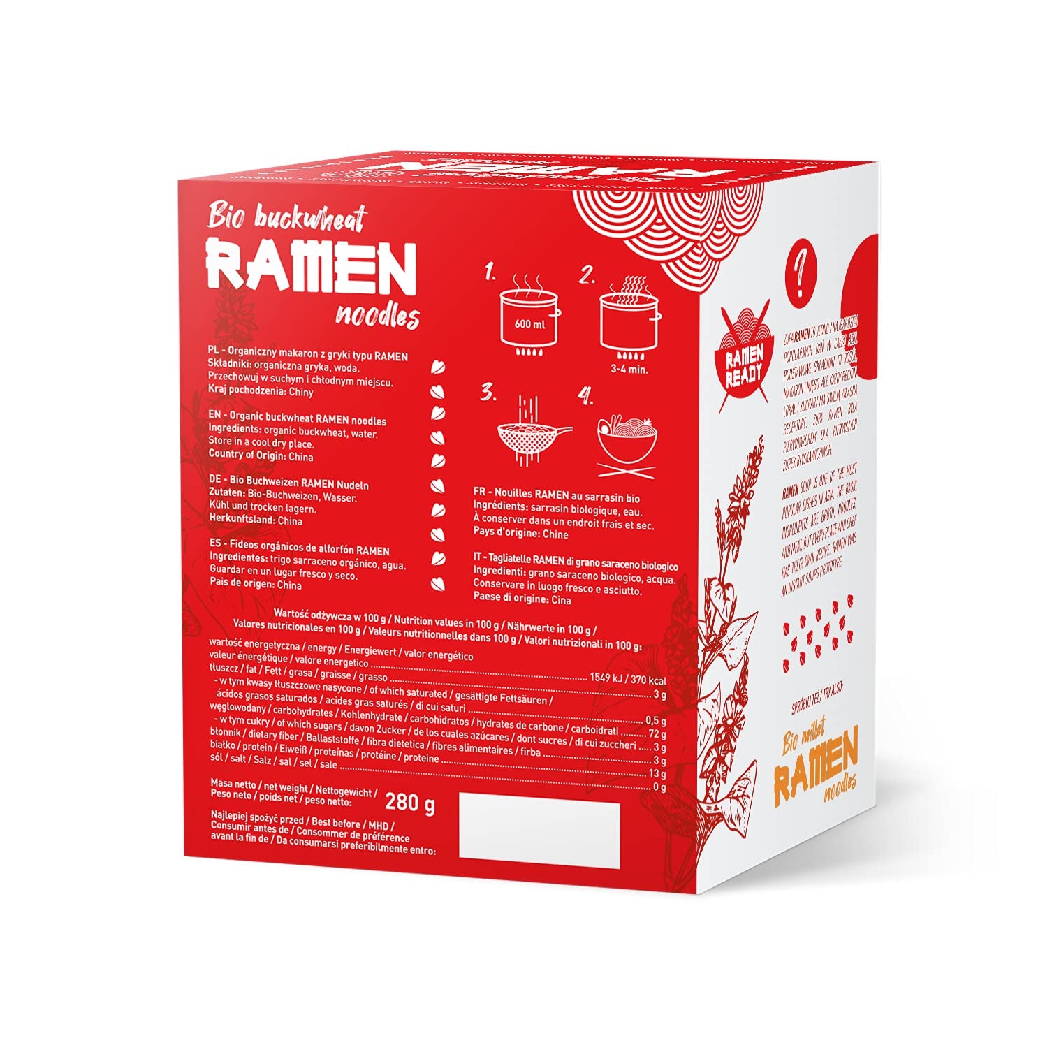 DIET-FOOD Fideos ramen de trigo sarraceno orgánico, comida vegetariana y vegana, sin grasa, sin soja, sin gluten, fideos dietéticos solubles en agua, bajos en calorías, 280 g