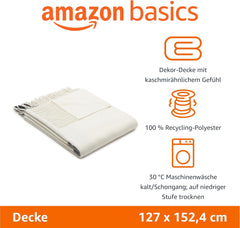 Amazon Basics Manta ligera de poliéster reciclado, manta acogedora para decoración de habitaciones, 127 x 152 cm, blanco marfil con estampado azul Camas y mantas a cuadros Besuche den Amazon Basics-Store