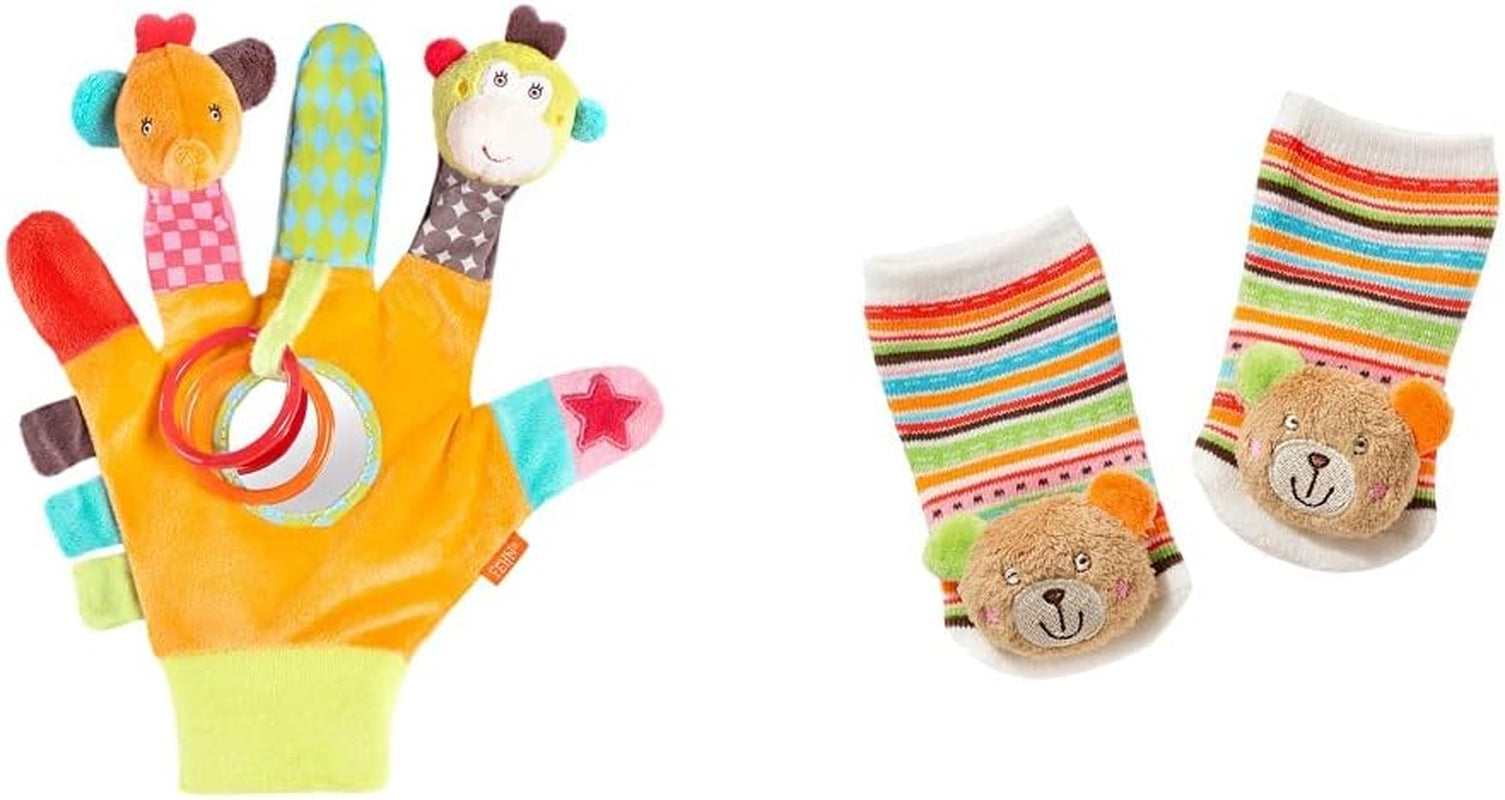 Fehn play glove safari - păpuși pentru degete pentru copii maimuță și elefant & șosete cu clopoței pentru copii unicorn - șosete pentru copii cu funcție de clopoțel și cap de unicorn - stimulează abilitățile motorii și simțurile Jucarii Bebe Naty Shop Pachet cu șosete cu zornăitor de pluș Safari